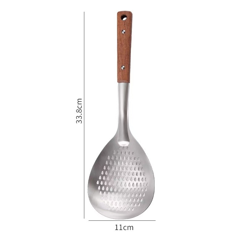 Lingură cu găuri din oțel inoxidabil, mâner din lemn – pentru prăjit, găluște și hot pot, strecurător de bucătărie