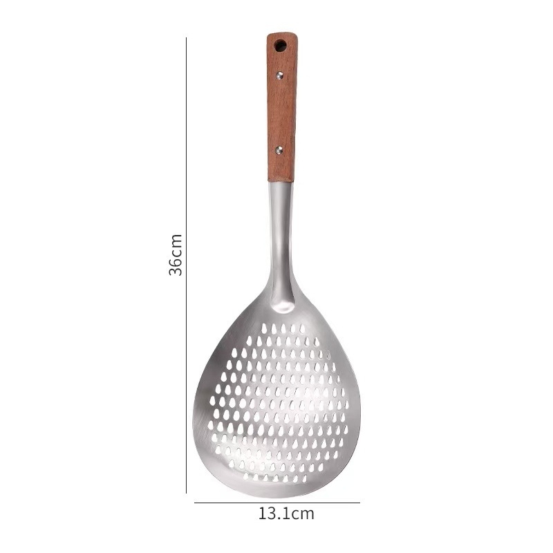 Lingură cu găuri din oțel inoxidabil, mâner din lemn – pentru prăjit, găluște și hot pot, strecurător de bucătărie