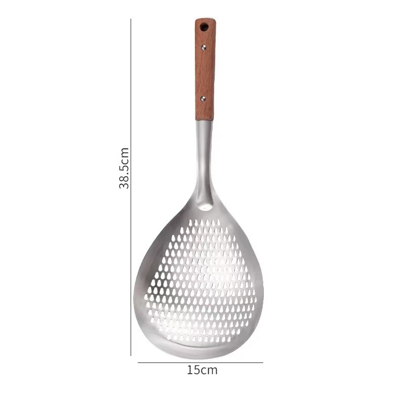 Lingură cu găuri din oțel inoxidabil, mâner din lemn – pentru prăjit, găluște și hot pot, strecurător de bucătărie