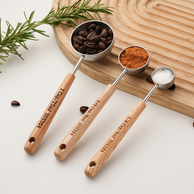 Lingură de măsurare a boabelor de cafea din oțel inoxidabil 304, mâner din lemn, realizată manual
