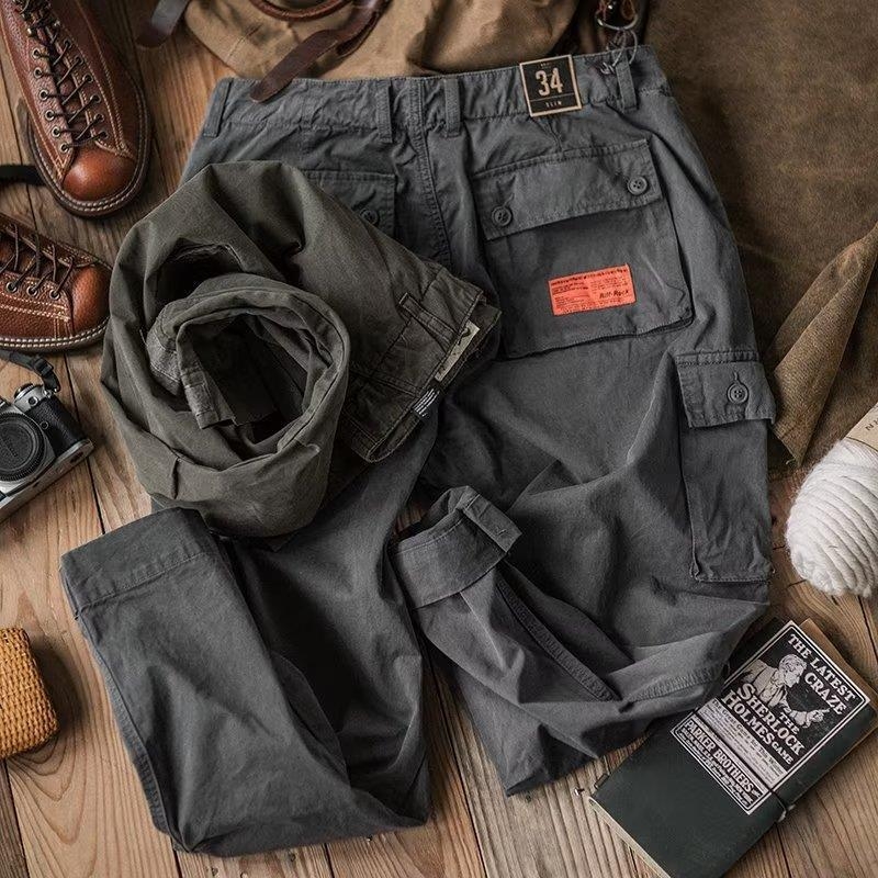 Pantaloni de lucru în stil japonez, aspect vintage spălat, cu mai multe buzunare, croială lejeră și tivuri conice la gleznă