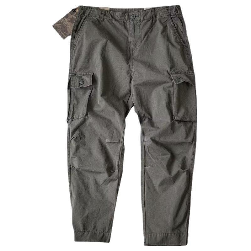 Pantaloni de lucru în stil japonez, aspect vintage spălat, cu mai multe buzunare, croială lejeră și tivuri conice la gleznă