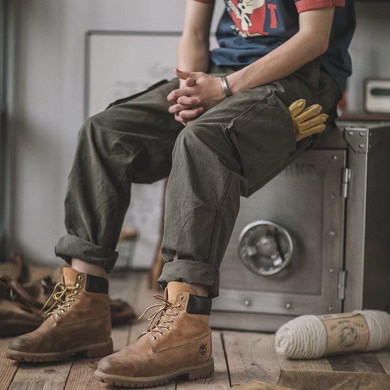 Pantaloni de lucru în stil japonez, aspect vintage spălat, cu mai multe buzunare, croială lejeră și tivuri conice la gleznă