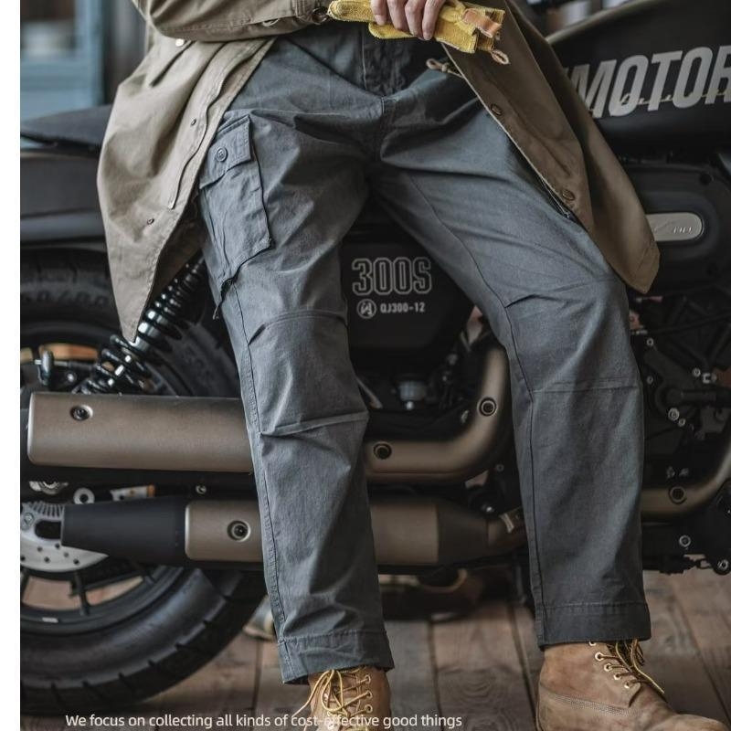 Pantaloni de lucru în stil japonez, aspect vintage spălat, cu mai multe buzunare, croială lejeră și tivuri conice la gleznă
