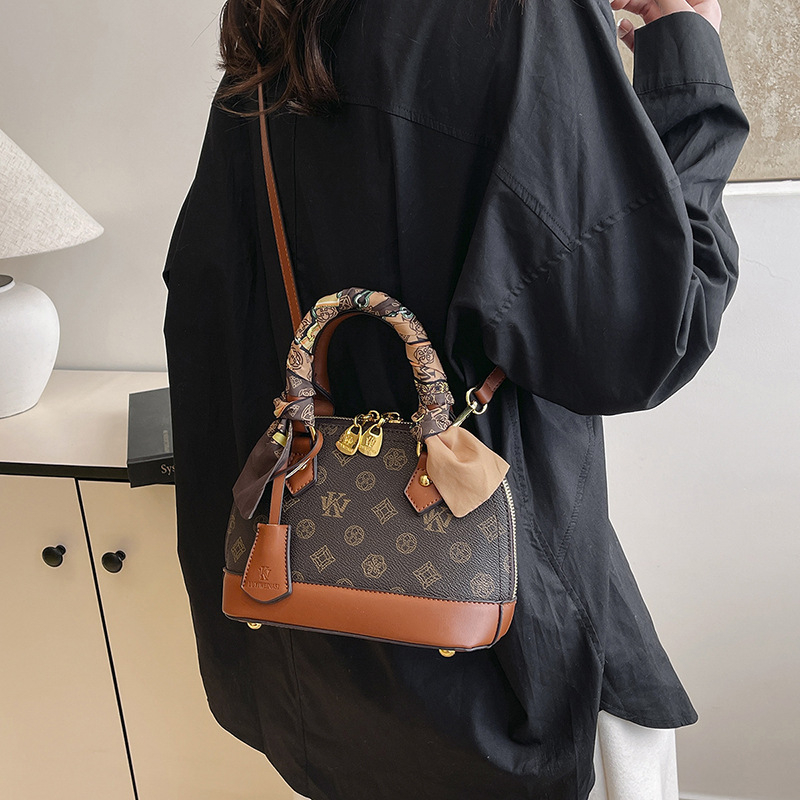 Geantă de tip scoică cu imprimeu monogram în culori contrastante, din PU, pentru femei, poșetă de umăr și crossbody