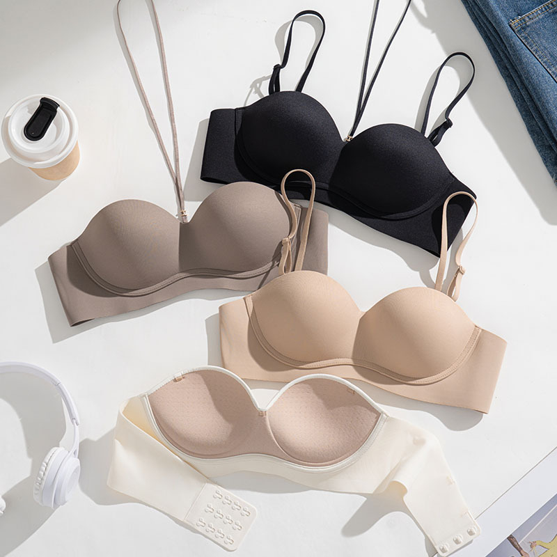 Sutien fără bretele, fără spate, model halter, fără cusături, discret, push-up pentru sân mic, nylon respirabil