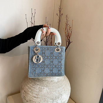 Geantă de umăr din denim pentru femei, cu paiete și cristale, inspirată de Lady Dior, quilted, pentru uz zilnic