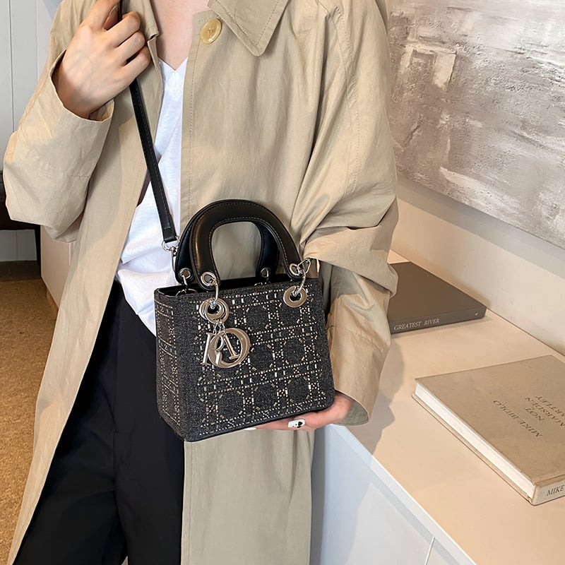 Geantă de umăr din denim pentru femei, cu paiete și cristale, inspirată de Lady Dior, quilted, pentru uz zilnic