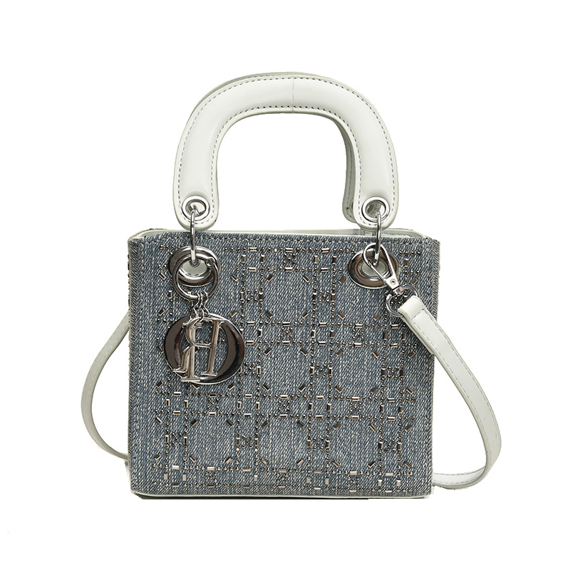 Geantă de umăr din denim pentru femei, cu paiete și cristale, inspirată de Lady Dior, quilted, pentru uz zilnic