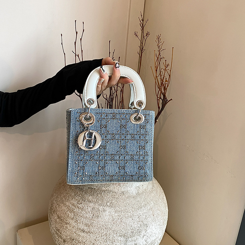 Geantă de umăr din denim pentru femei, cu paiete și cristale, inspirată de Lady Dior, quilted, pentru uz zilnic