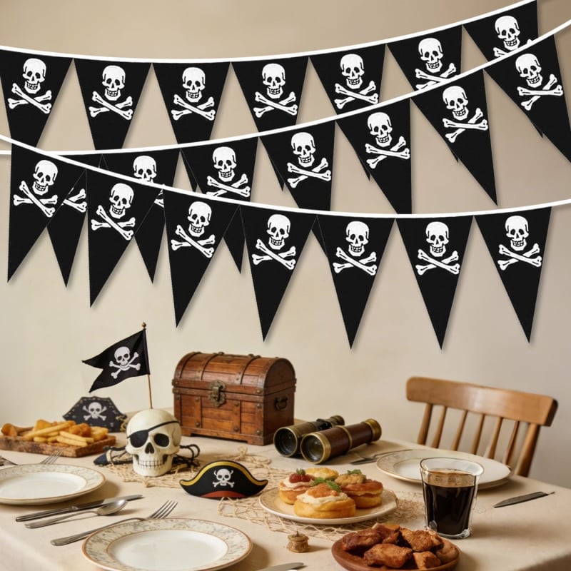 Steag triunghiular cu craniu de pirat, Halloween, țesătură PE, pentru interior/exterior