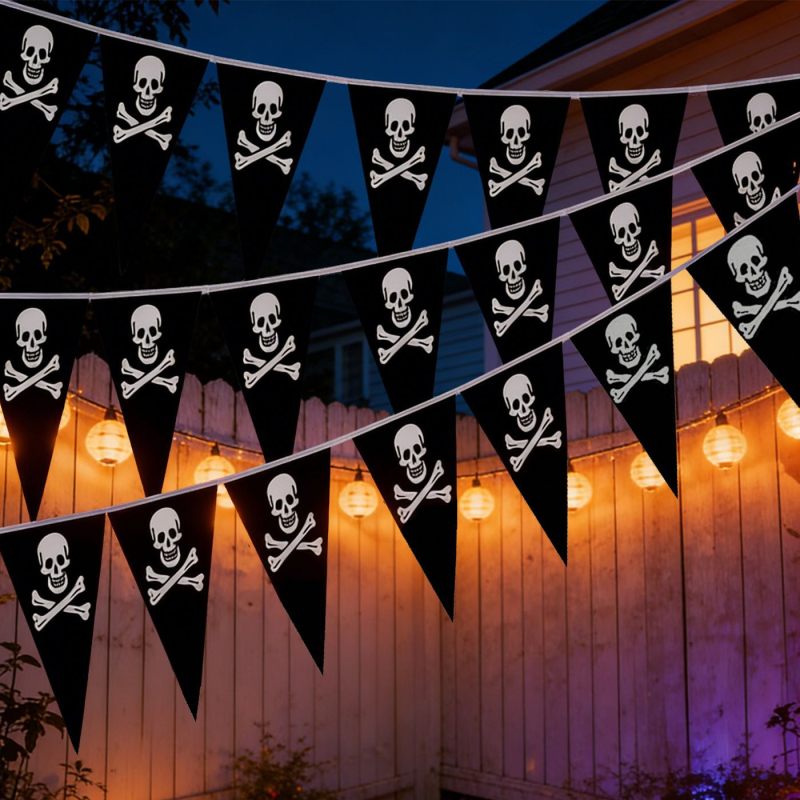 Steag triunghiular cu craniu de pirat, Halloween, țesătură PE, pentru interior/exterior