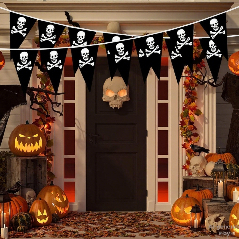 Vlajka s pirátskou lebkou a trojuholníkom, závesná vlajka na Halloween, PE tkanina, vnútorné/vonkajšie použitie