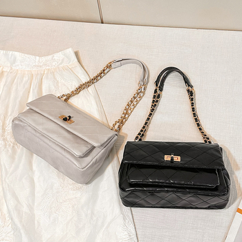 Geantă de damă cu design nișă, piele de vițel top-grain, mică geantă pătrată, quiltată, curea din lanț pentru umăr/crossbody, stil Chanel.