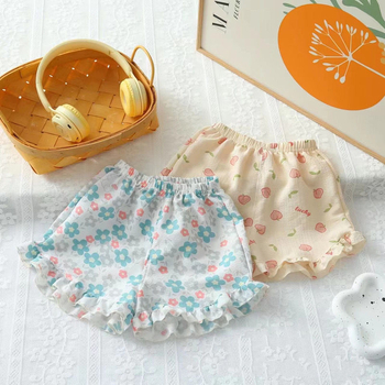 Shorts ușori pentru fetițe, cu dantelă la margine, vară, imprimeu cu desene animate, versatil casual