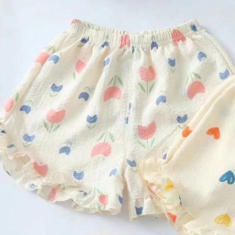 Shorts ușori pentru fetițe, cu dantelă la margine, vară, imprimeu cu desene animate, versatil casual