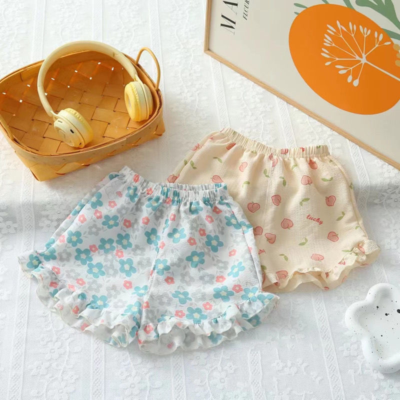 Shorts ușori pentru fetițe, cu dantelă la margine, vară, imprimeu cu desene animate, versatil casual
