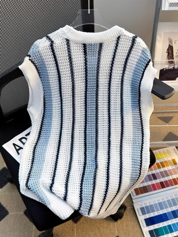 Vesta tricotată supradimensionată, cu dungi, fără mâneci, pentru bărbați și femei, toamnă, guler rotund, decupaje perforate și patchwork