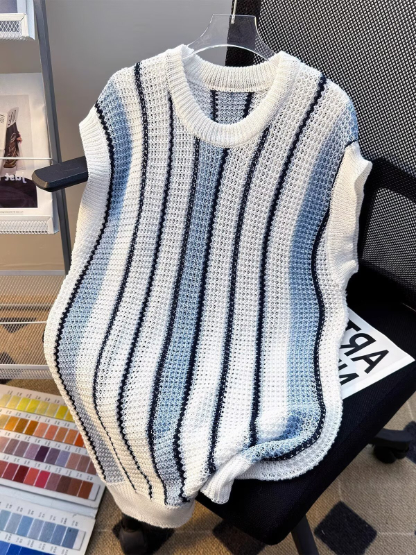 Vesta tricotată supradimensionată, cu dungi, fără mâneci, pentru bărbați și femei, toamnă, guler rotund, decupaje perforate și patchwork