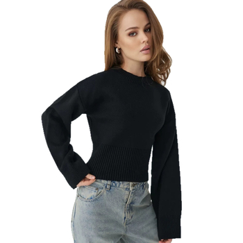Pulover scurt tricotat pentru femei, culoare solidă, guler rotund, mâneci lungi, croială la talie, tricot mediu, stil elegant pentru navetă, toamna 2026