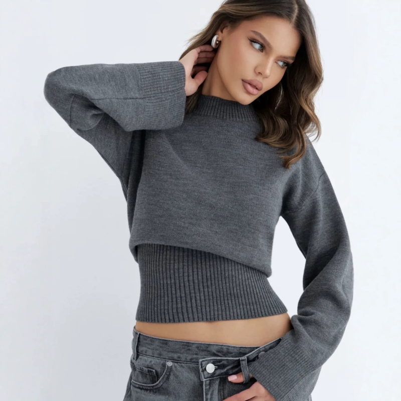 Pulover scurt tricotat pentru femei, culoare solidă, guler rotund, mâneci lungi, croială la talie, tricot mediu, stil elegant pentru navetă, toamna 2026