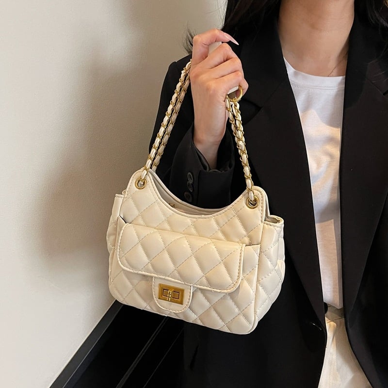 Geantă pentru femei cu lanț texturat în model diamant, PU, 2026 noul sezon, geantă mică pătrată versatilă pentru umăr sau crossbody