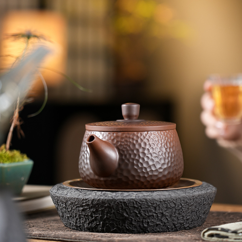 Ceainic din ceramică mov din Yunnan, lucrat manual, textură ciocanată, stil Fengming Han Tile, capacitate mare, set ceai de lux pentru casă în cutie cadou