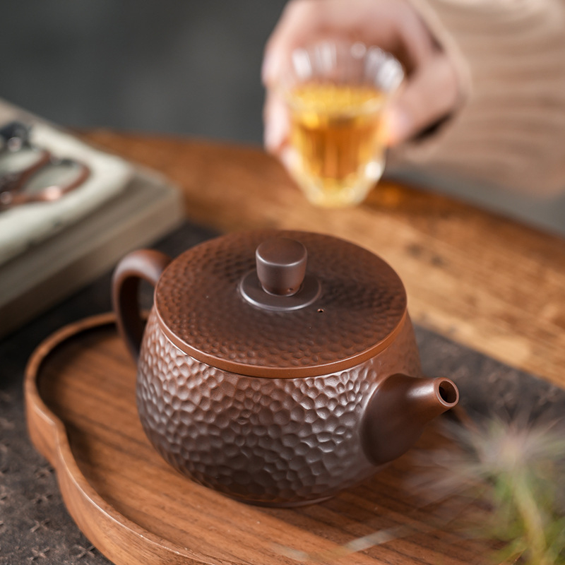 Ceainic din ceramică mov din Yunnan, lucrat manual, textură ciocanată, stil Fengming Han Tile, capacitate mare, set ceai de lux pentru casă în cutie cadou