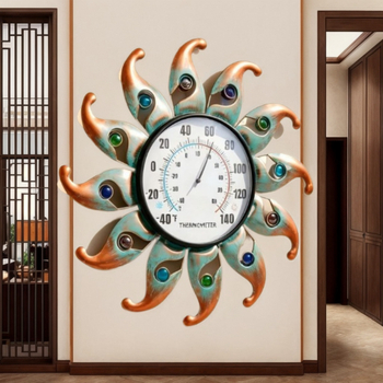 Termometru circular cu fața soarelui, decor de perete din metal cu mărgele, pentru interior și exterior