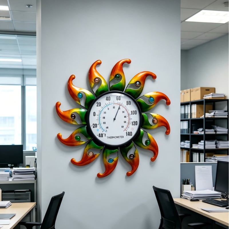Termometru circular cu fața soarelui, decor de perete din metal cu mărgele, pentru interior și exterior