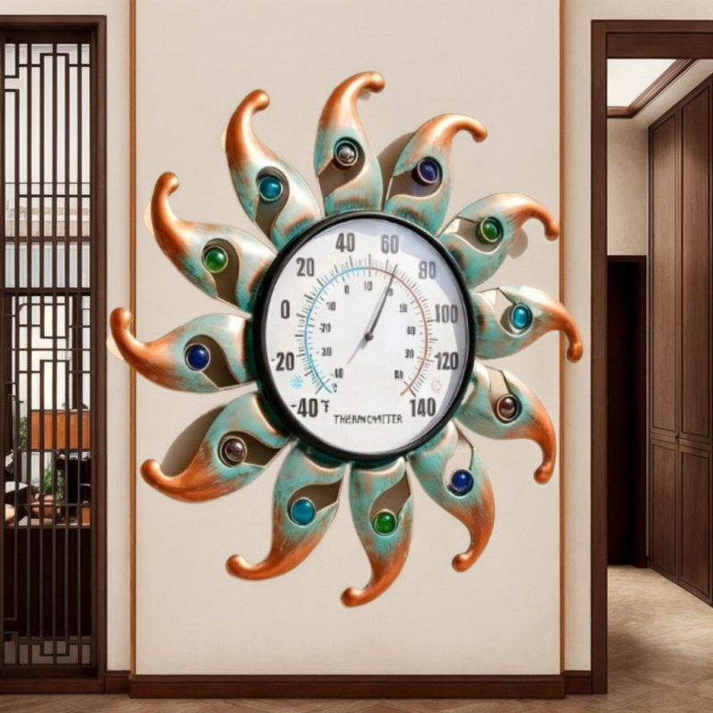 Termometru circular cu fața soarelui, decor de perete din metal cu mărgele, pentru interior și exterior