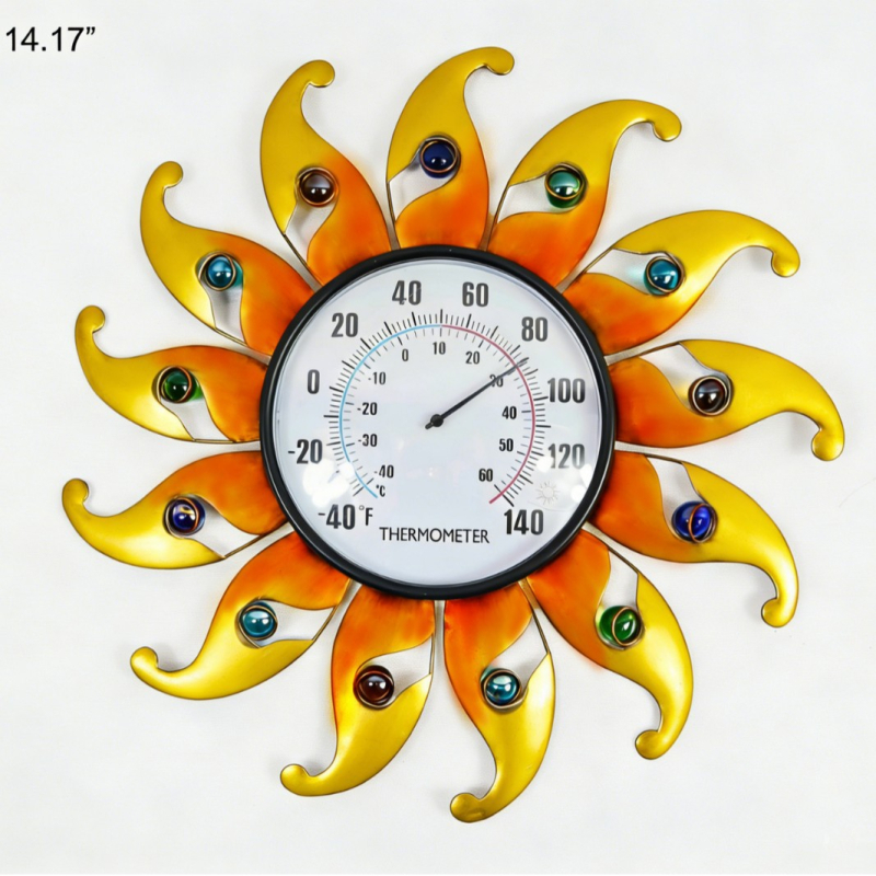 Termometru circular cu fața soarelui, decor de perete din metal cu mărgele, pentru interior și exterior