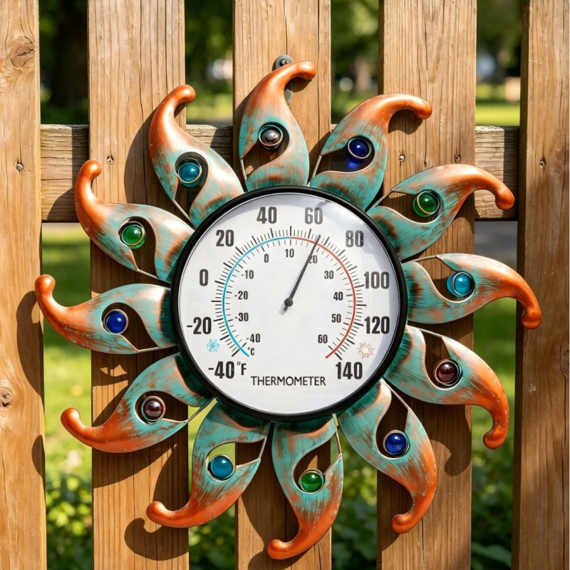 Termometru circular cu fața soarelui, decor de perete din metal cu mărgele, pentru interior și exterior
