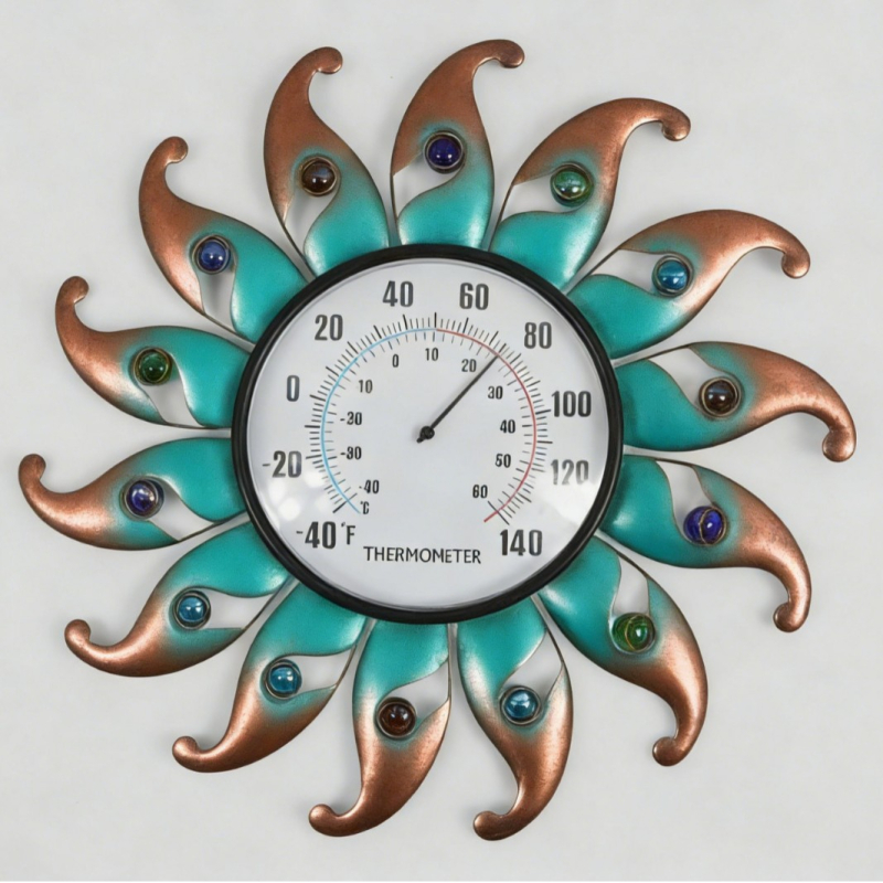 Termometru circular cu fața soarelui, decor de perete din metal cu mărgele, pentru interior și exterior