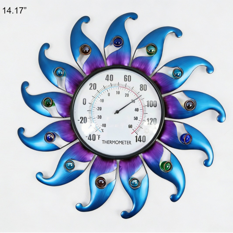 Termometru circular cu fața soarelui, decor de perete din metal cu mărgele, pentru interior și exterior