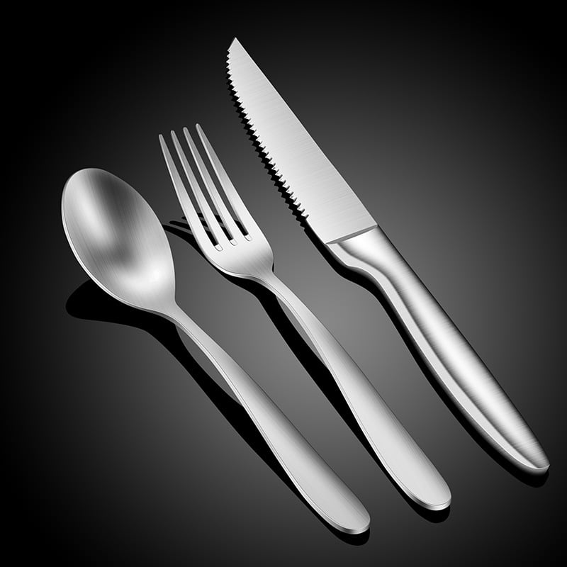 Set din trei sau două piese, din oțel inoxidabil 316: cuțit de steak, furculiță și lingură – tacâm occidental pentru hotel și uz casnic