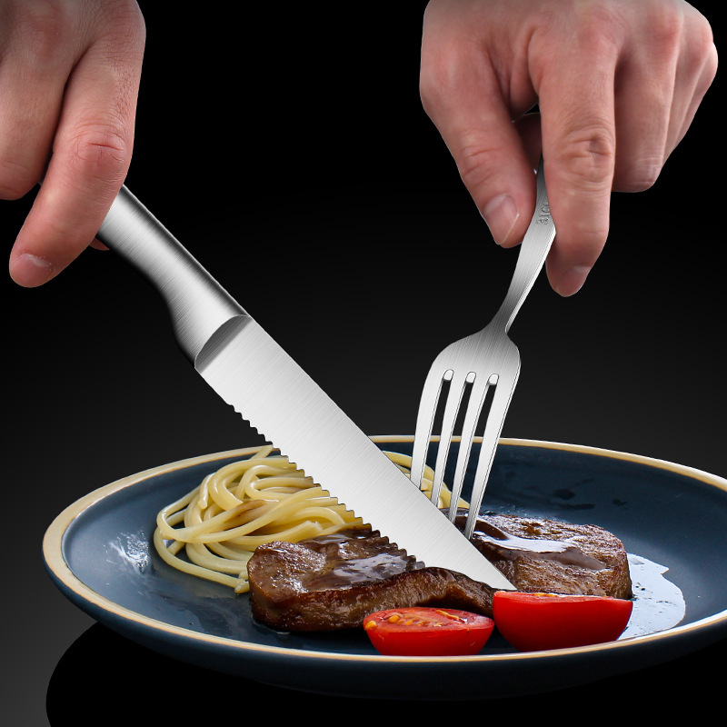 Set din trei sau două piese, din oțel inoxidabil 316: cuțit de steak, furculiță și lingură – tacâm occidental pentru hotel și uz casnic