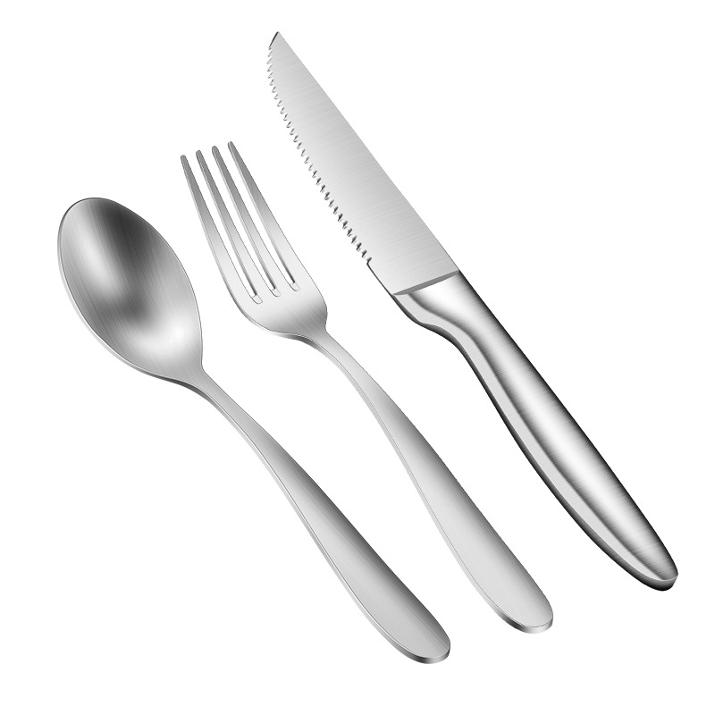 Set din trei sau două piese, din oțel inoxidabil 316: cuțit de steak, furculiță și lingură – tacâm occidental pentru hotel și uz casnic
