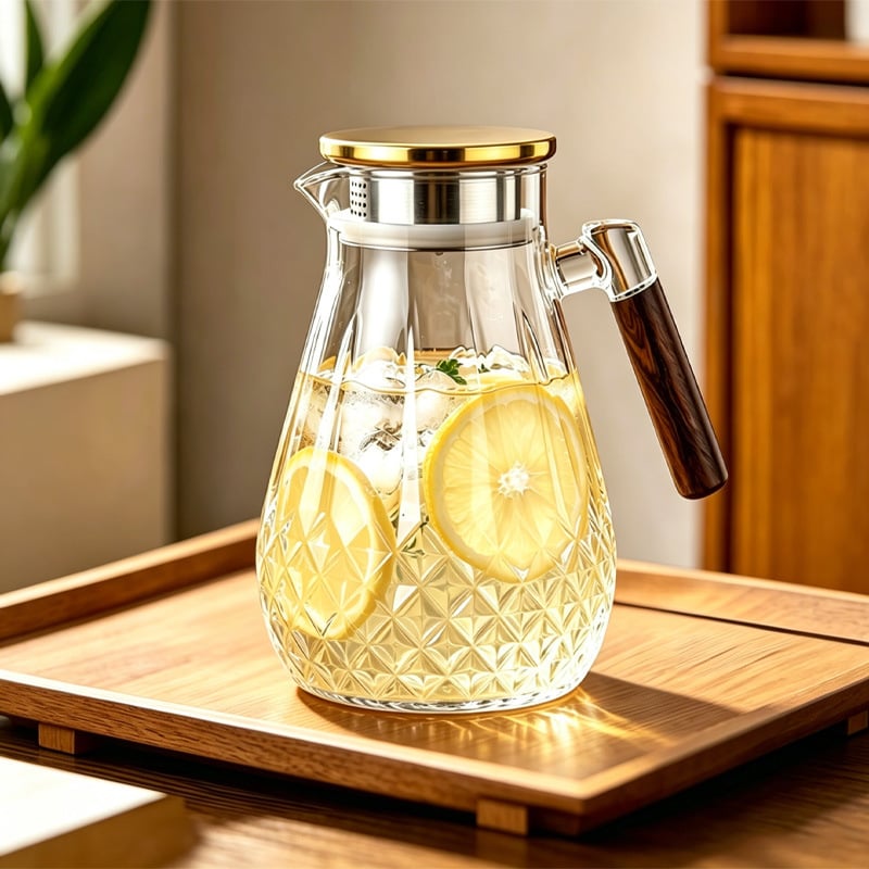 Carafă pentru apă rece cu mâner din lemn, sticlă borosilicat de înaltă calitate, capac din oțel inoxidabil, mare capacitate, carafă de suc pentru uz casnic