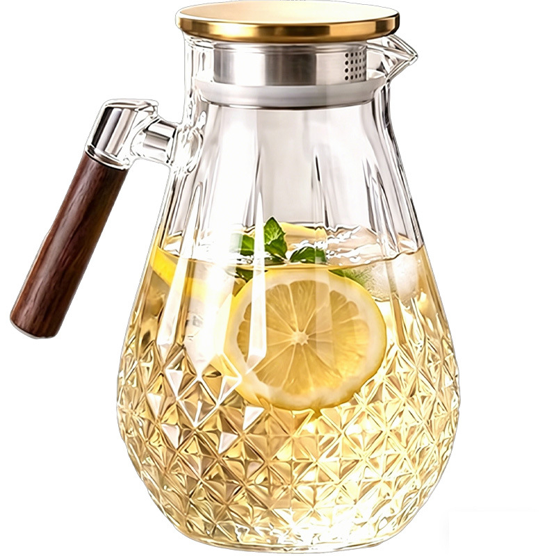 Carafă pentru apă rece cu mâner din lemn, sticlă borosilicat de înaltă calitate, capac din oțel inoxidabil, mare capacitate, carafă de suc pentru uz casnic