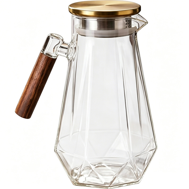 Carafă pentru apă rece cu mâner din lemn, sticlă borosilicat de înaltă calitate, capac din oțel inoxidabil, mare capacitate, carafă de suc pentru uz casnic