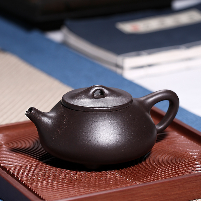 Ceainic din lut mov, cu lingură de piatră, lucrat manual, set Gongfu de ceai