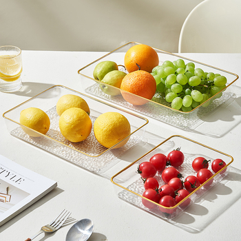 Farfurie de fructe din sticlă cu margine aurie, farfurie de servire transparentă pentru salate, fructe și gustări — design retro luxos