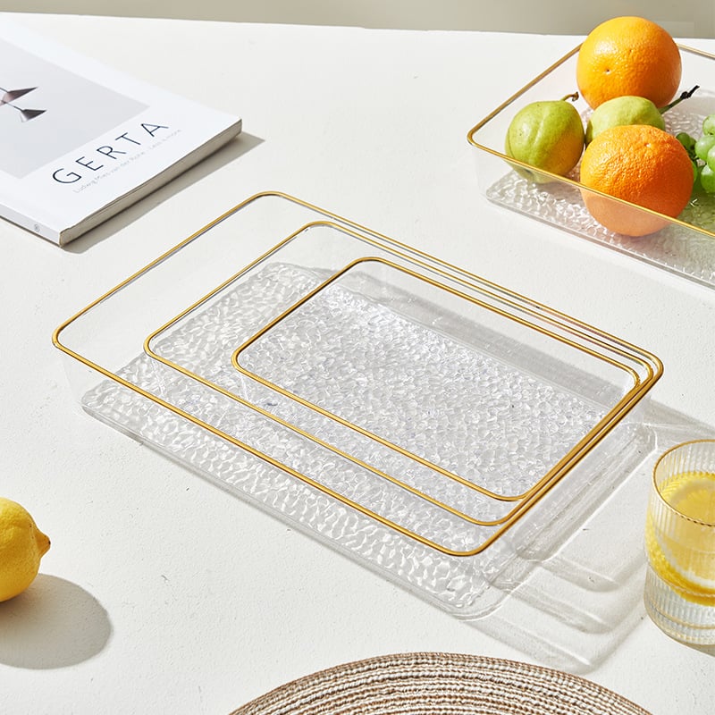 Farfurie de fructe din sticlă cu margine aurie, farfurie de servire transparentă pentru salate, fructe și gustări — design retro luxos