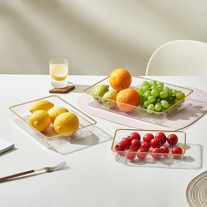 Farfurie de fructe din sticlă cu margine aurie, farfurie de servire transparentă pentru salate, fructe și gustări — design retro luxos