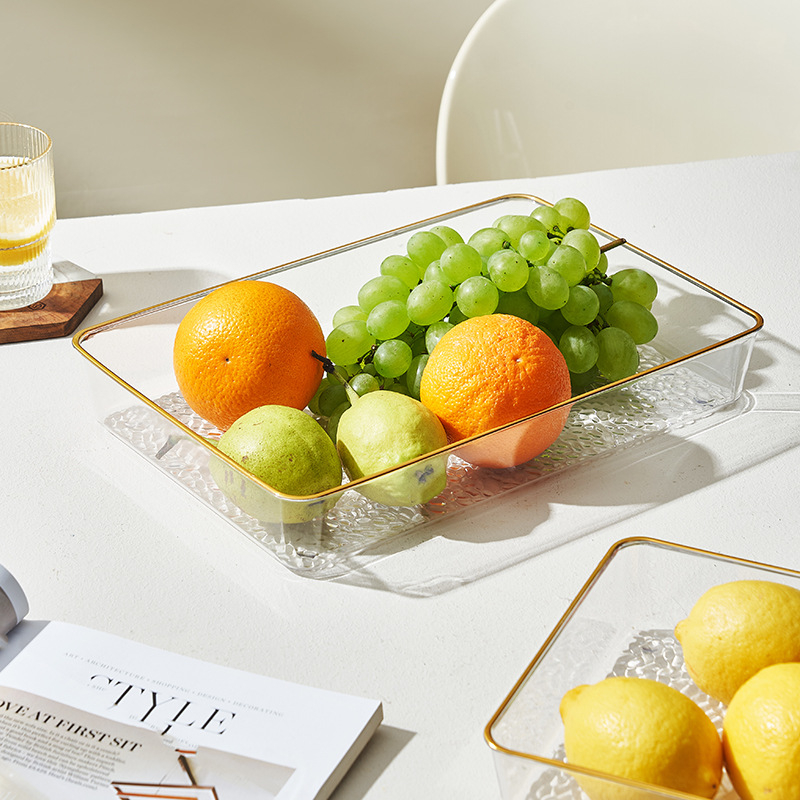 Farfurie de fructe din sticlă cu margine aurie, farfurie de servire transparentă pentru salate, fructe și gustări — design retro luxos