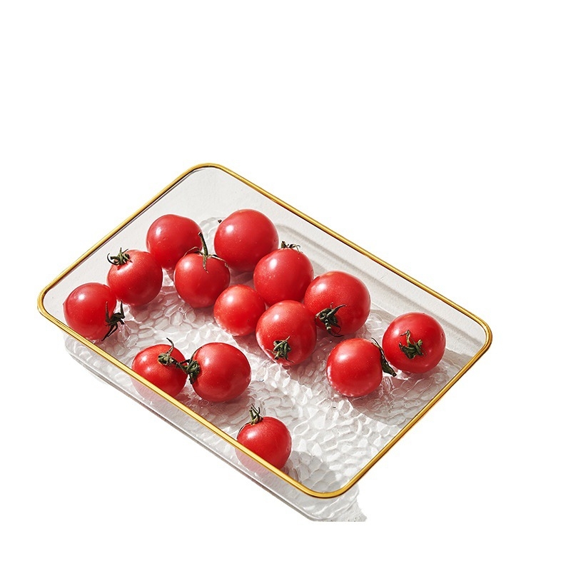 Farfurie de fructe din sticlă cu margine aurie, farfurie de servire transparentă pentru salate, fructe și gustări — design retro luxos