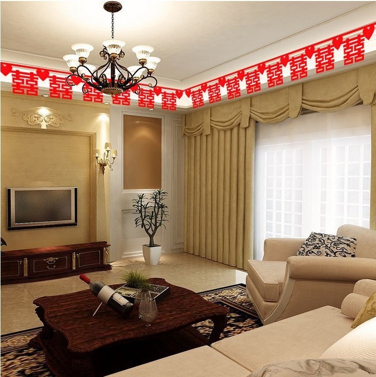 Decorațiune de perete cu Dublă Fericire pentru nuntă și sufragerie, țesătură nețesută, panglici colorate, stil chinezesc