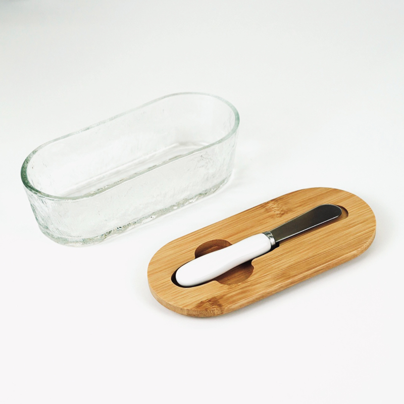 Cutie din sticlă pentru unt, cu cuțit din ceramică, depozitare etanșă pentru unt și brânză, design minimalist.