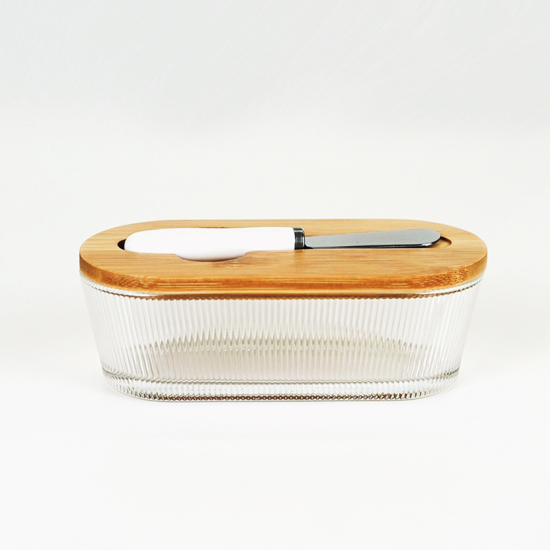 Cutie din sticlă pentru unt, cu cuțit din ceramică, depozitare etanșă pentru unt și brânză, design minimalist.